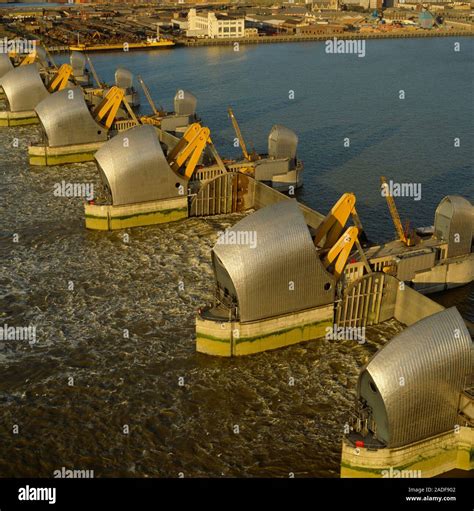 Thames flood barrier. Aerial photograph of the Thames flood barrier ...