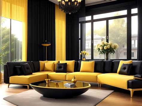 Uma Luxuosa Sala De Estar Em Preto E Amarelo Foto Premium