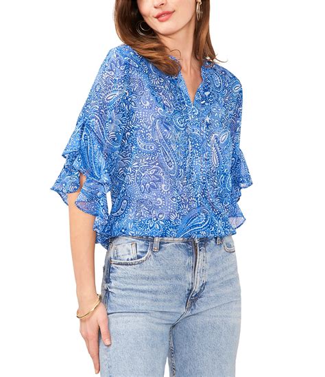 Vince Camuto Paisley Print V Neck Short Ruffle Sleeve Blouse Dillards