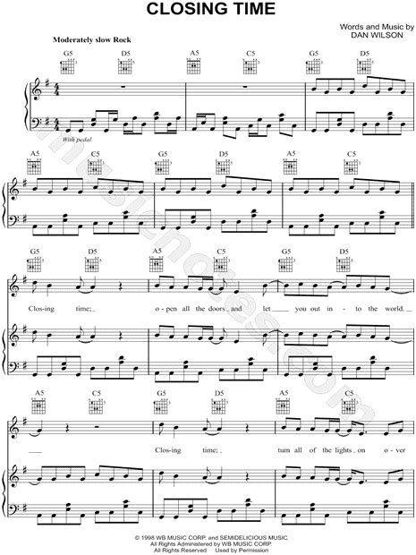 Semisonic Closing Time Sheet Music In G Major Transposable