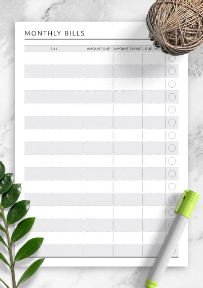 Download Printable Monthly Bills Original Style Pdf