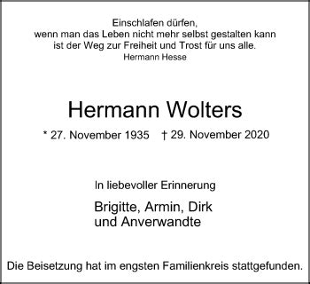 Traueranzeigen Von Hermann Wolters Trauer In Nrw De