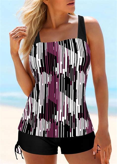 Geometric Print Dark Reddish Purple Tankini Set Usd 35 98