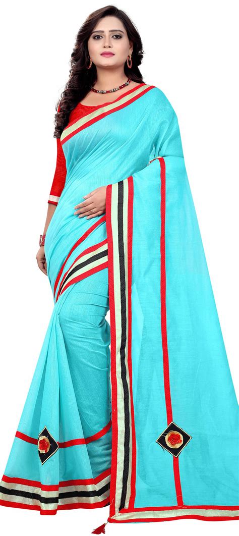 Party Wear Traditional Blue Color Chanderi Silk Cotton Fabric Saree