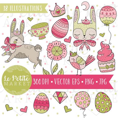 Cute Spring Rabbit Illustration Set Pink And Green Clip Art Etsy
