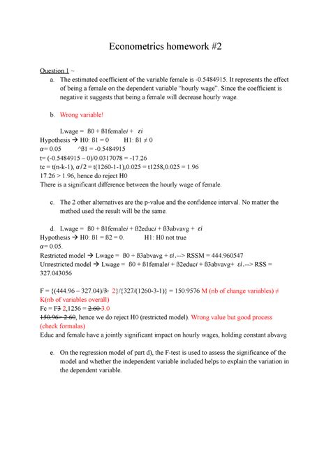 Econometric 2 Econometrics Homework Question 1 ~ A The Estimated Coefficient Of The Variable