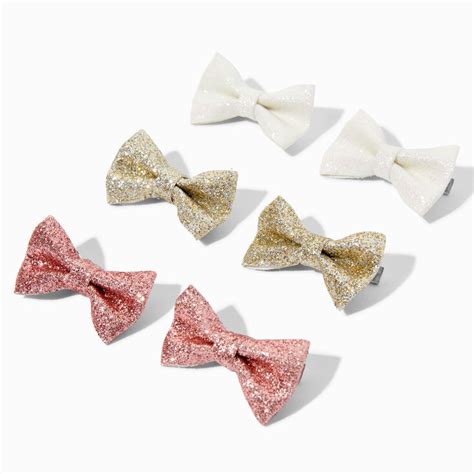 Claire S Club Glitter Bow Hair Clips 6 Pack Claire S Us