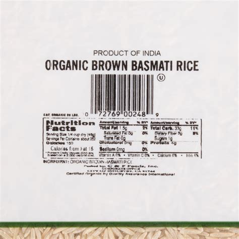 Organic Brown Basmati Rice 25 Lb