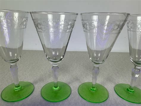 Vintage Etched Footed Stemware Glasses Uranium Vaseline Glass Green Foot 675h 4 Glasses