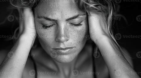 A Woman With Freckled Hair Holding Her Hands To Her Head 43276985 Stock