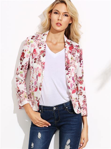 White Floral Print Open Front Blazer Sheinsheinside