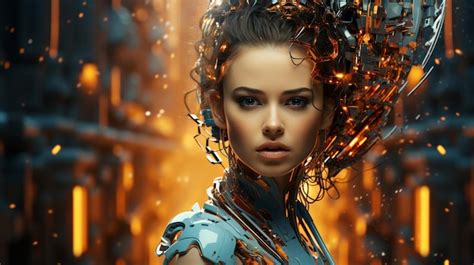 Premium AI Image Futuristic Robot Cyborg Woman In Dark Background