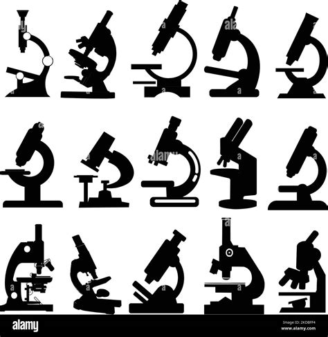 The Black Icons Of Different Microscopes On The White Background Stock