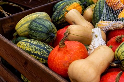 Premium Photo Different Pumpkins In A Wooden Box Pumpkin Harvest