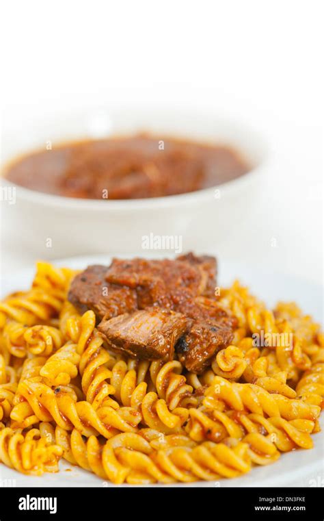 Fusilli Pasta Al Dente With Neapolitan Style Ragu Meat Sauce Very