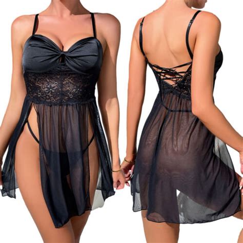 Sexy Women Lace Satin Lingerie Sets Babydoll Strap Chemise Sleepwear G String US EBay