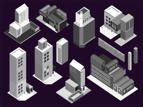 Edifícios e casas isométricas de baixo teor de poli Vetor Premium