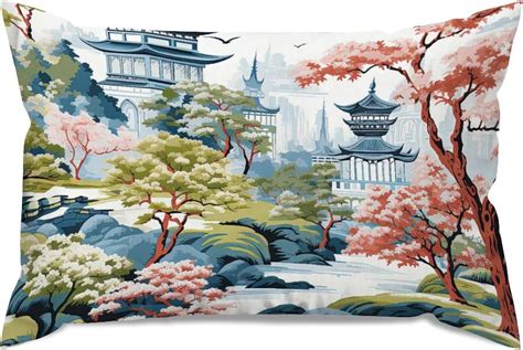 Aroggeld Blue Pagoda Coral Pink Flower Throw Pillow