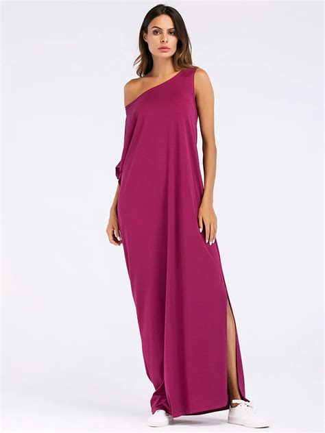 Spring Summer Cotton Sexy And Club Maxi Dress One Shoulder Split Ankle