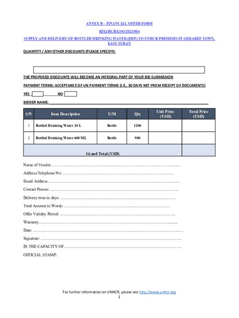 Fillable Online Annex A Bill Of Quantity Financial Offer Form Fax