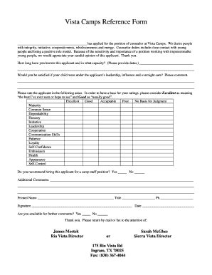 Fillable Online Counselor Reference Form Vista Camps Fax Email Print