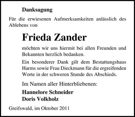 Traueranzeigen Von Frieda Zander Trauer Anzeigen De