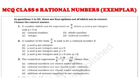 Best Mcq Class Rational Numbers Full Chapter Exemplar Questions