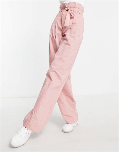 Asos Design Tall Stripe Paperbag Waist Trouser In Pink