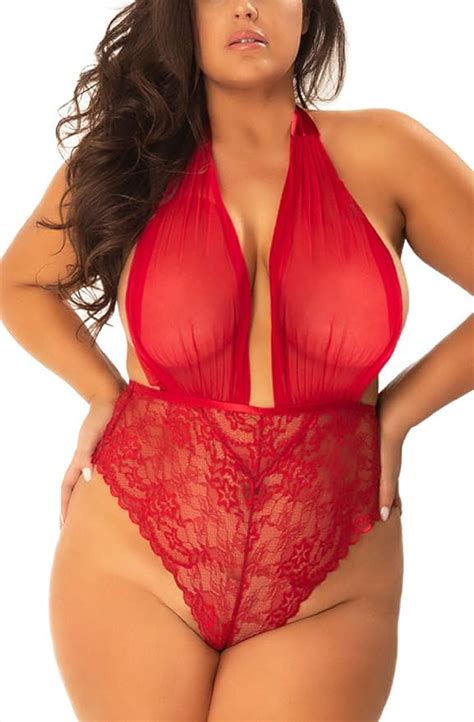 Plus Size Lingerie For Women Deep Plunging See Thru Lace Teddy High