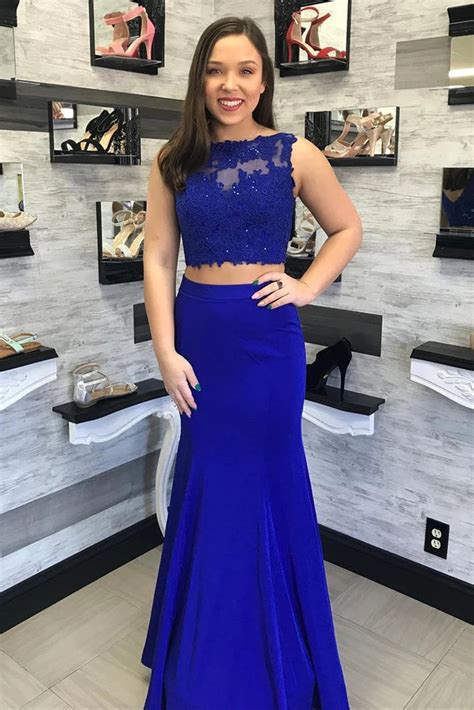 Two Pieces Mermaid Lace Royal Blue Long Prom Dress Mermaid Lace Royal