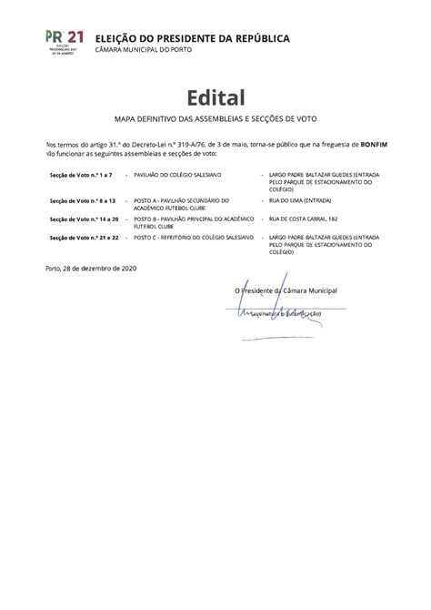 Edital do Mapa Definitivo das Assembleias e Secções de Voto Consulte