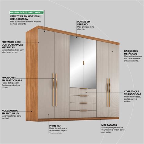 Guarda Roupa Casal Espelho Giardino 6 Portas 4 Gavetas Amêndola e Nude