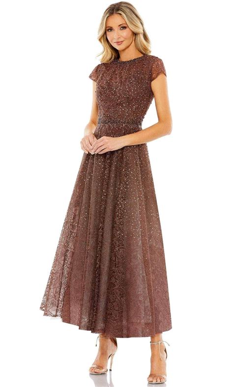 Mac Duggal 20371 Cap Sleeve Jeweled Cocktail Dress In Brown Lyst