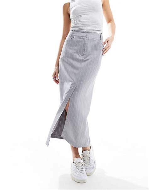 Miss Selfridge Tailored Maxi Skirt In Gray Pinstripe Asos