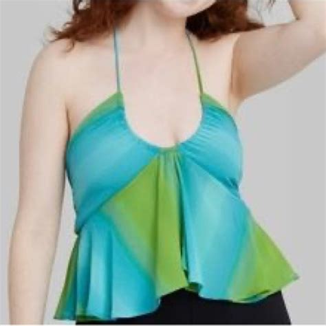 Wild Fable Tops Wild Fable Blue Green Chiffon Cropped Keyhole