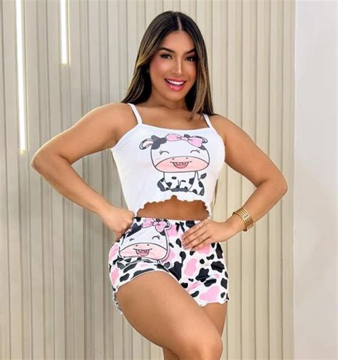 Pijama Ondinha Cropped Vaquinha Rosa Ref Divina Moda Intima