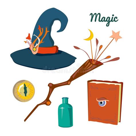 Magic Items Set With Witch S Hat Eyes Potion In Bottle Magic Wand Book With Spells Wizard