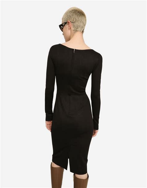 Milano Rib Calf Length Dress With Dg Logo In Black For Women Dolce