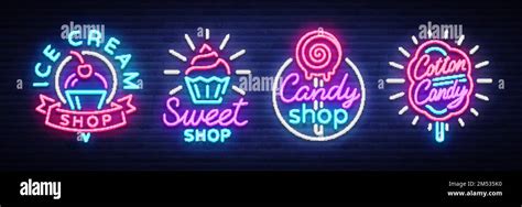 Sweets Shop Is Collection Logos Of Neon Style Ice Cream Shop Cotton