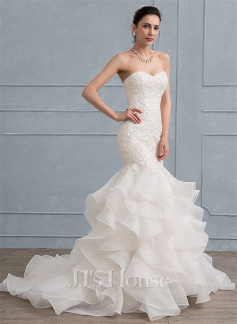 Trumpet Mermaid Sweetheart Sweep Train Organza Lace Wedding Dress