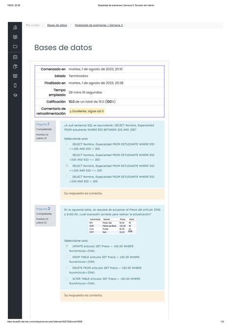 Bases De Datos Modalidad De Ex Menes Semana Revisi N Del Intento