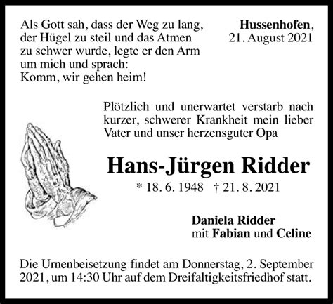 Traueranzeigen von Hans Jürgen Ridder OstalbTrauer