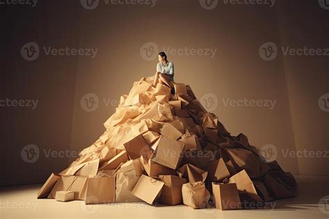 Woman Sits On Top Of Pile Of Shopping Bags Concept Of Shopaholism