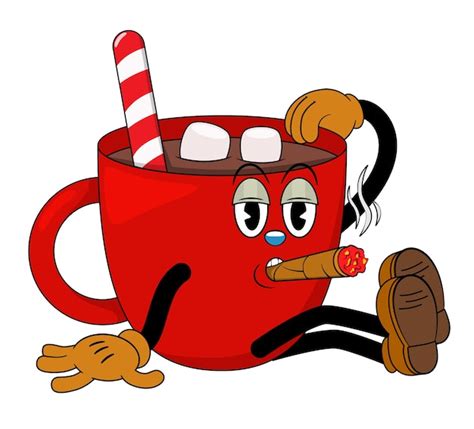 Premium Vector Red Coffee Cup With Cigar In Comic Cartoon Style