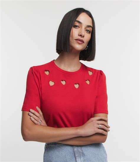 Blusa Manga Curta Em Meia Malha Cora Es Vazados Vermelho