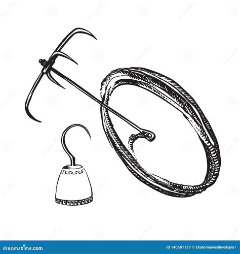 Pirate Hook And Boarding Or Grappling Hook With Rope Hand Drawn Sketch