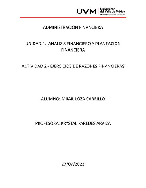 Actividad 2 Ejercicios De Razones Financieras ADMINISTRACION