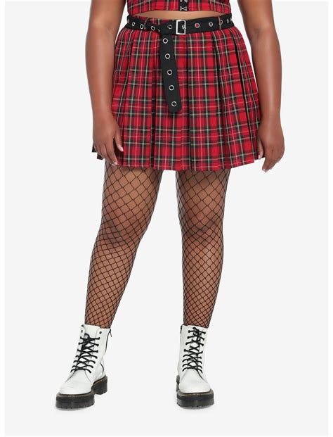 Red Plaid Grommet Belt Pleated Skirt Plus Size Hot Topic