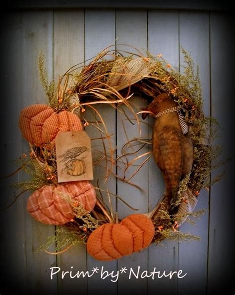 Primitive Pumpkin Wreath With Crow Tag Burlap Folk Art Autumn Fall Wreath Fall Wreath