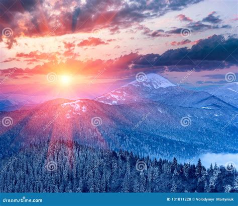 Majestic Landscape In The Winter Mountains At Sunrise Stock Photo